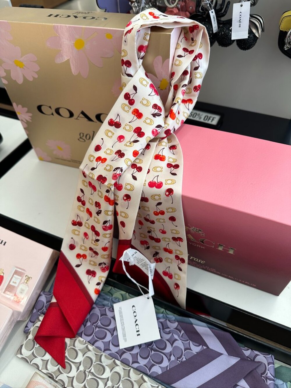 NWT! Coach CDG77 Sculpted C Cherries Print Silk Wide Skinny Scarf In Chalk Red - Picture 7 of 8